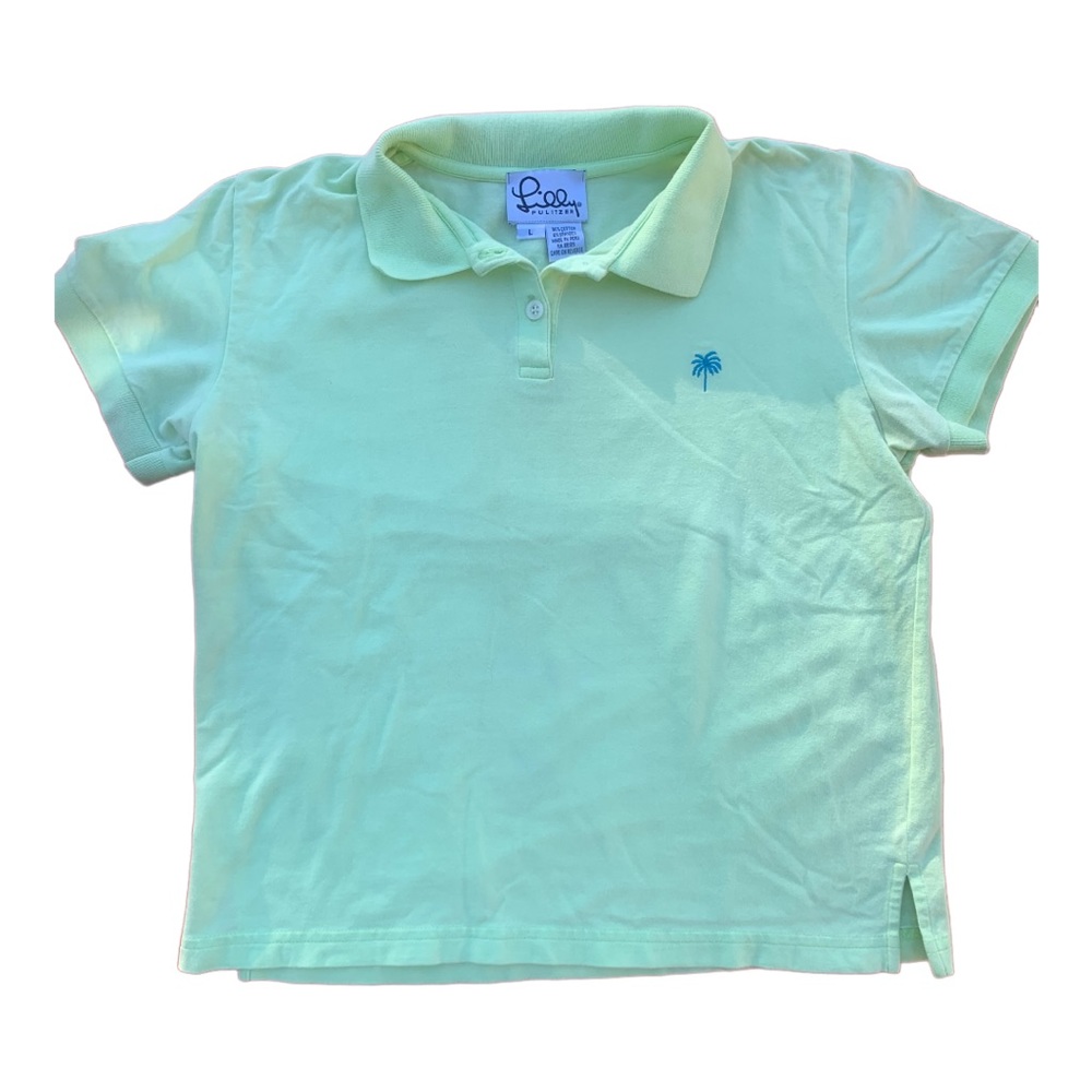 LILLY PULITZER Lime Green Polo Shirt w/ Blue Embroidered Lilly Palm Tree-Size L